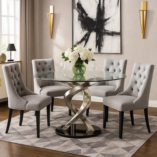 Black and Silver Glass Round 48 in. Pedestal Base Dining Table Seats 4