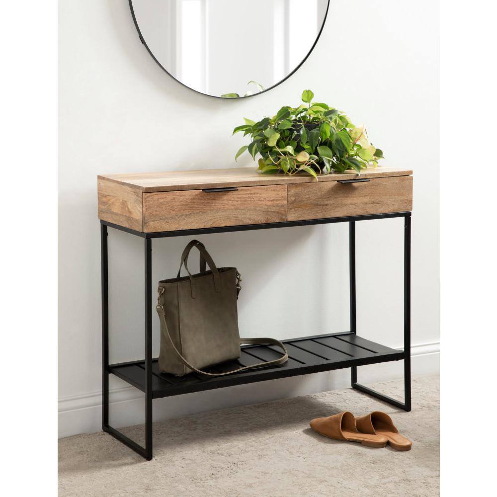 Natural Brown and Black Mango Wood Console Table with Metal Shelf