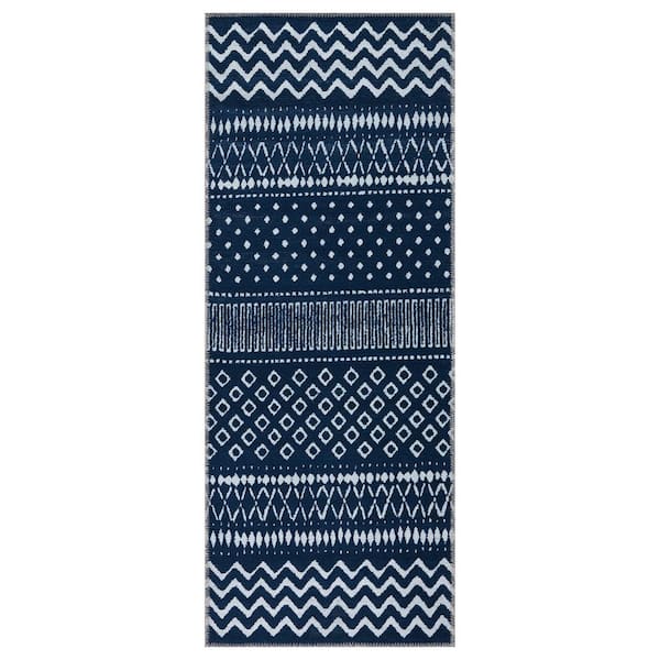 Ottomanson Non Shedding Washable Wrinkle-free Flatweave Moroccan 2x5 Living Room Runner Rug, 20 in. x 59 in., Navy
