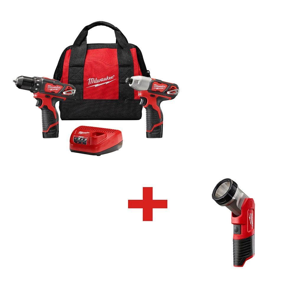 Milwaukee M12 12V Lithium-Ion Cordless Drill Driver/Impact Combo Kit (2-Tool) with M12 LED Work Flashlight (Tool-Only) -  2494-22Y
