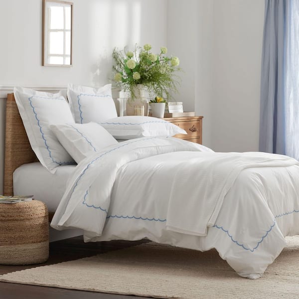 Company Cotton Scallop Blue Full Cotton Percale Duvet Cover