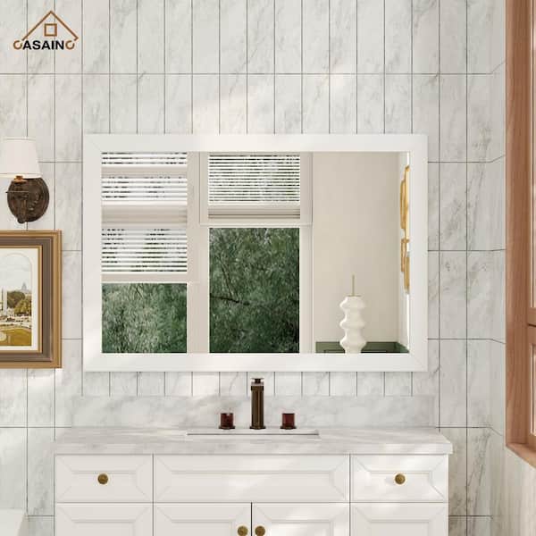46 in. W x 34 in. H Rectangle Modern Wood Framed Wall Mounted Bathroom Vanity Mirror in White