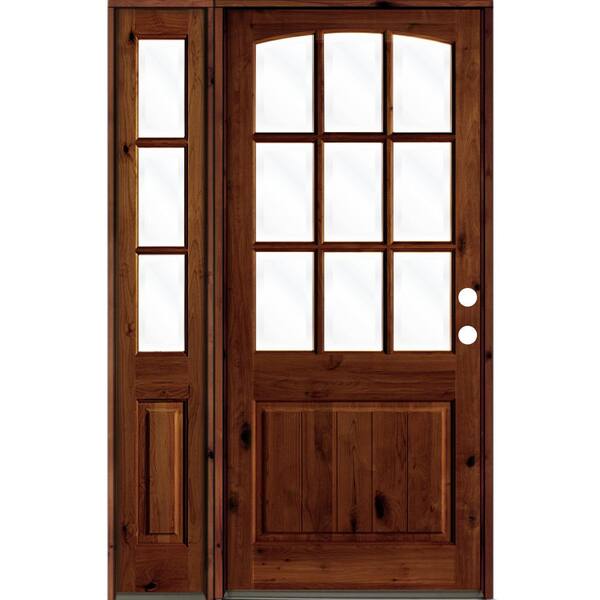 Krosswood Doors 46 in. x 96 in. Alder Left-Hand/Inswing 9-Lite Clear Glass Red Chestnut Stain Wood Prehung Front Door with Left Sidelite