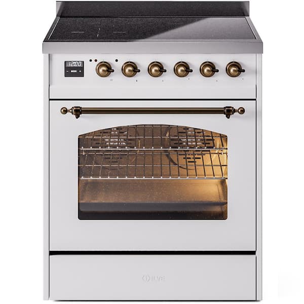 Nostalgie II 30 in. 4 Zone Freestanding Induction Range in White with Bronze