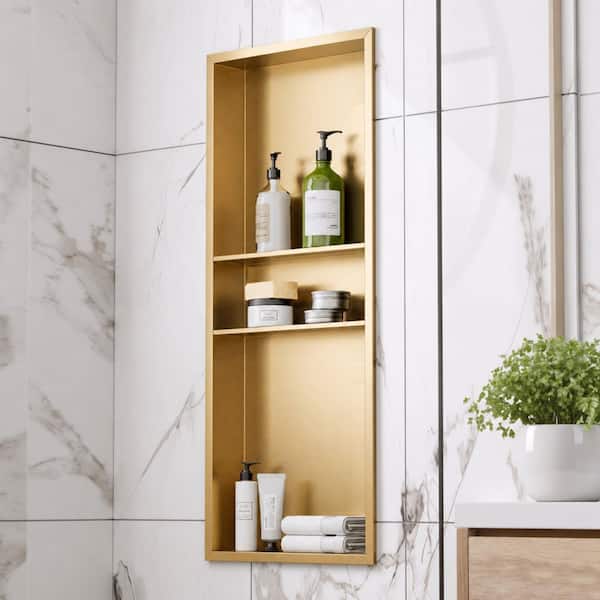 16 in. W x 40 in. H x 4 in. D Waterproof Recessed Shower Niche Storage Shelf in Brushed Gold, No Tile Needed