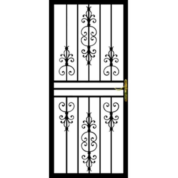 Grisham 36 in. x 80 in. 108 Series Black Hinge Left Flower Security Door with Self-Storing Glass Feature