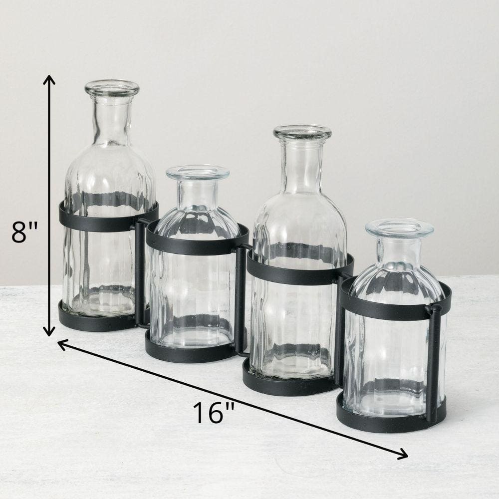 Clear Glass Multi-Level Bottle Vase Set with Black Metal Frame