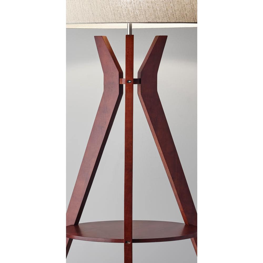 Walnut Finish Tripod Floor Lamp with Linen Shade and Shelf