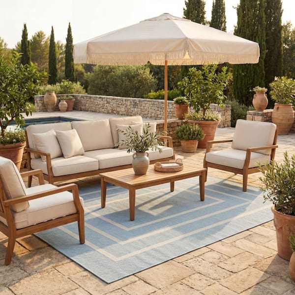 Arissea Bordered Blue 5 ft. x 8 ft. Outdoor Area Rug
