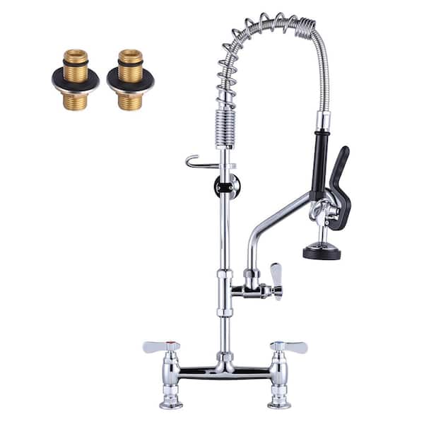 WOWOW Solid Brass Triple Handle Commercial Pull Down Sprayer Kitchen Faucet with Pre-Rinse Sprayer in Chrome