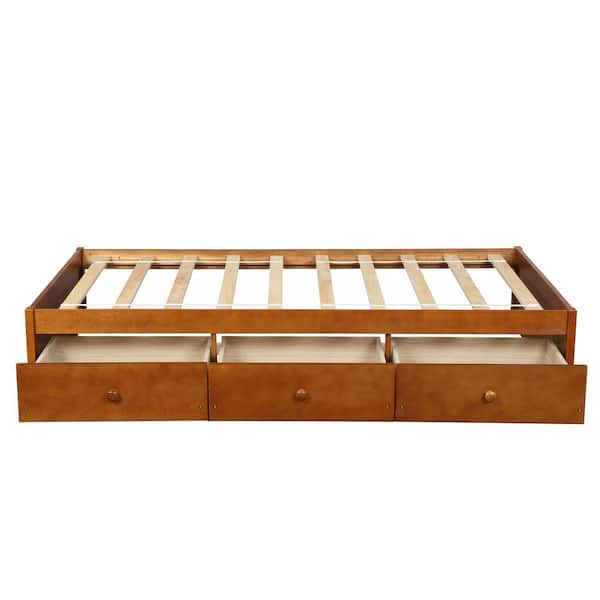 STICKON 77.9 in. W Oak Brown Wood Frame Twin Size Platform Bed with 3-Drawers