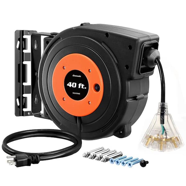 40 ft. 12/3 SJTOW 15 Amp Retractable Extension Cord Reel with 3 Grounded Outlets and Lighted Triple Tap
