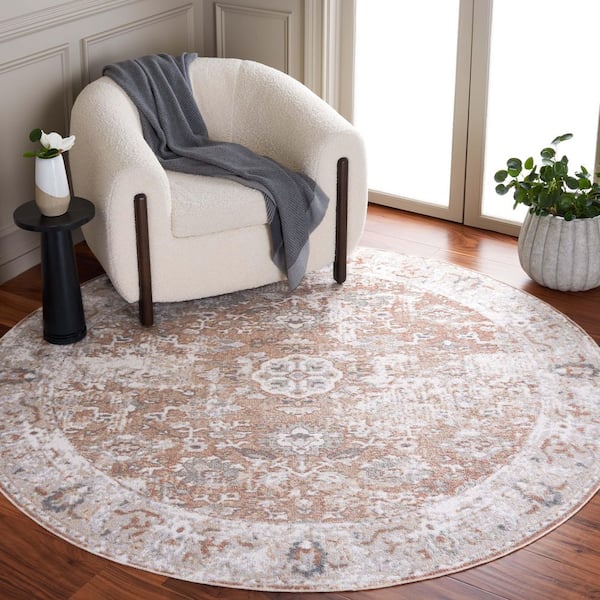 Baltimore 7 ft. x 7 ft. Ivory/Rust Machine Washable Border Distressed Round Area Rug