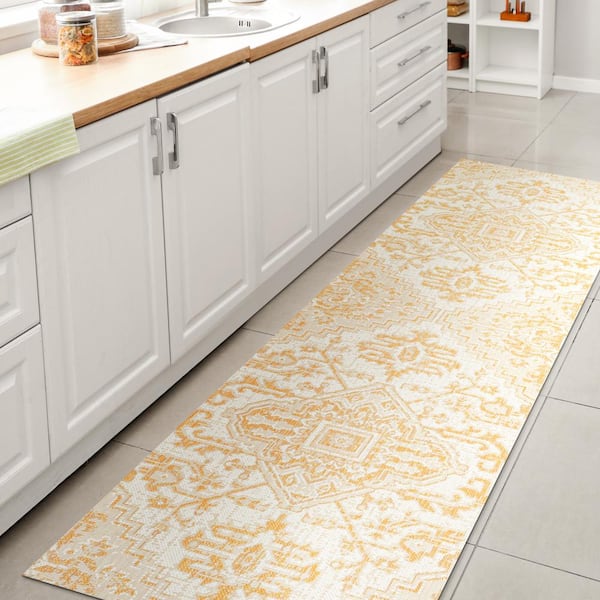 JONATHAN Y Estrella Cream/Yellow 2 ft. x 10 ft. Bohemian Medallion Textured Weave Indoor/Outdoor Area Rug