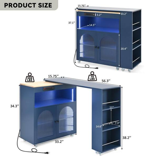 Xspracer Oasis Blue Wood 41.11 in. Kitchen Island with Extended