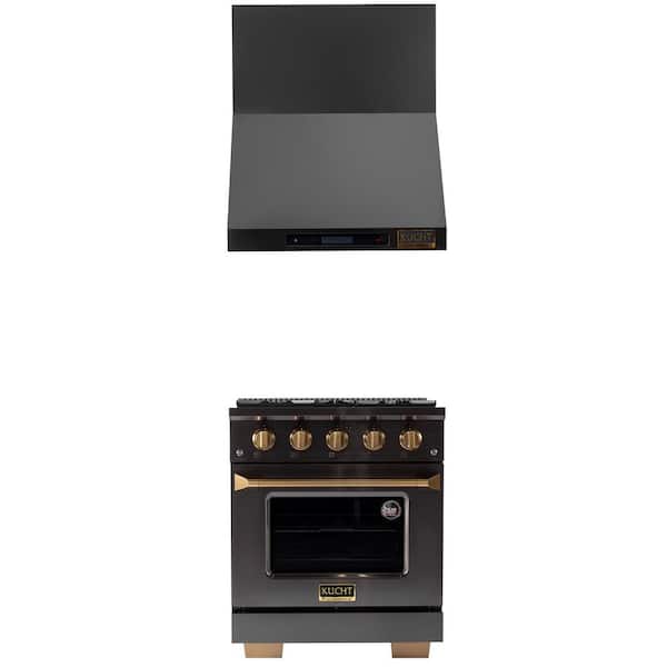 Kucht Gemstone 30 in. 4.2 cu. ft. 4-Burners Natural Gas Range with Convection Oven in Titanium SS and Wall Mount Range Hood