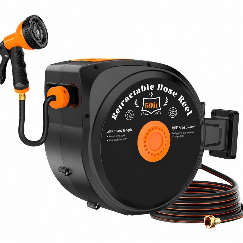 Retractable Hose Reel 1/2 in x 50 ft Wall Mount Heavy Duty with 10-Pattern Spray Nozzle Slow Return 180° Swivel price history on PriceWatchPro