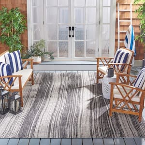 Courtyard Black/Gray 8 ft. x 10 ft. Distressed Striped Indoor/Outdoor Patio  Area Rug