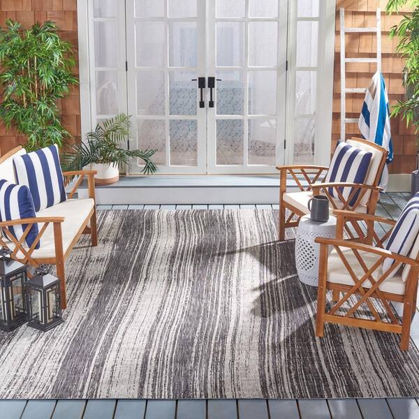 Courtyard Black/Gray 9 ft. x 12 ft. Distressed Striped Indoor/Outdoor Patio  Area Rug