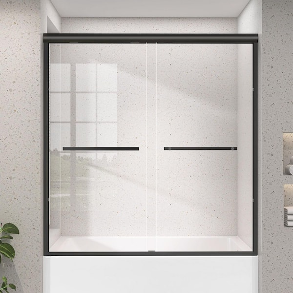 60 in. W. x 62 in. H Semi-Frameless Sliding Tub Door Bathtub Shower Door in Matte Black 1/4 in. with Clear Glass