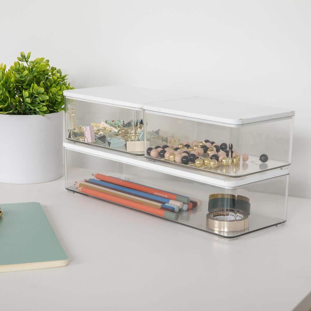 Clear Plastic Stackable Storage Boxes with White Lids, Set of 3
