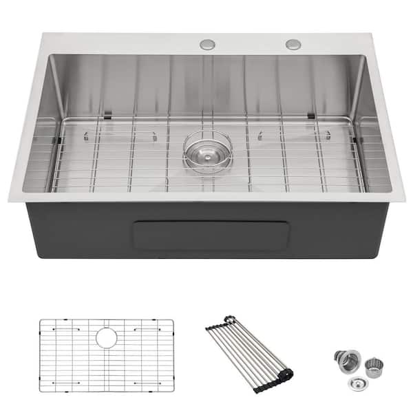 LORDEAR 30 in. Drop In/Undermount Single Bowl T304-Stainless Steel Round Corner Kitchen Sink with Bottom Grid and Strainer