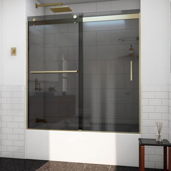 DreamLine Sapphire-V 60 in. W x 62 in. H Sliding Semi-Frameless Bypass Tub Door in Brushed Gold with Gray Glass