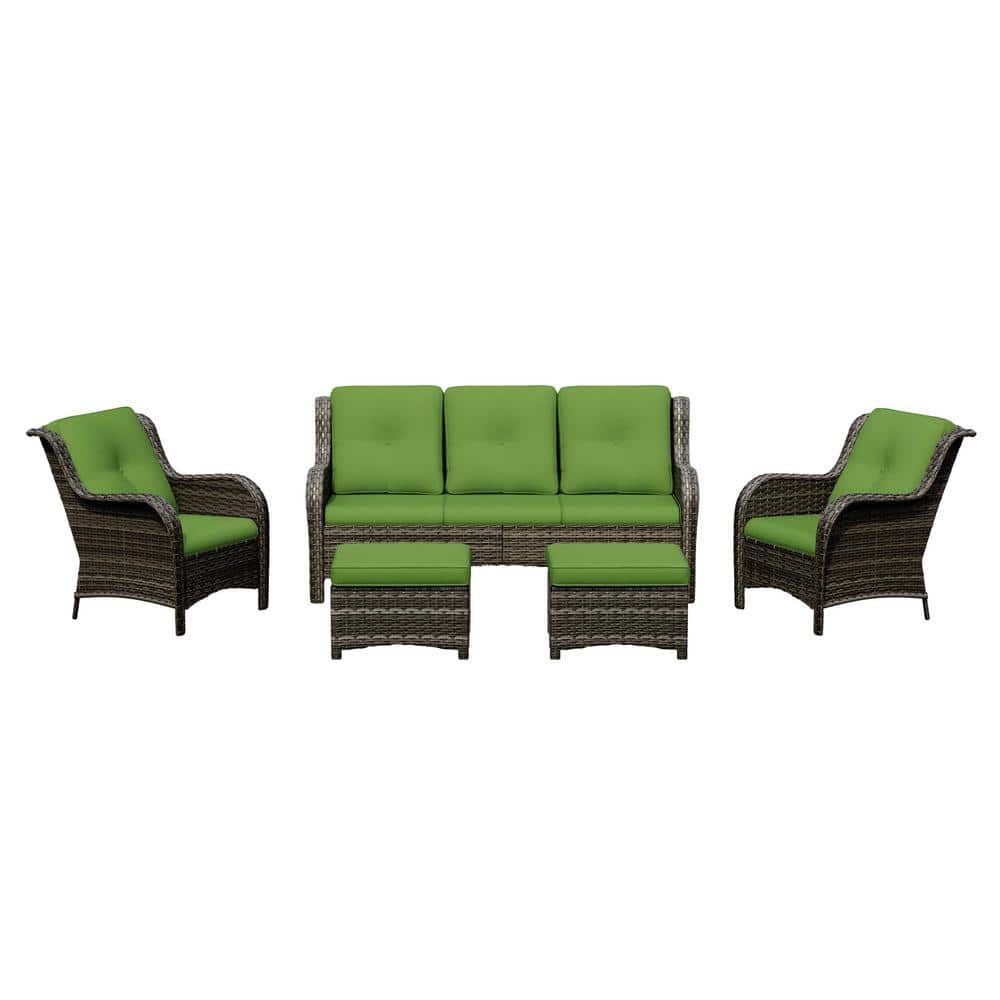 5-Piece Green Cushioned Wicker Patio Conversation Set