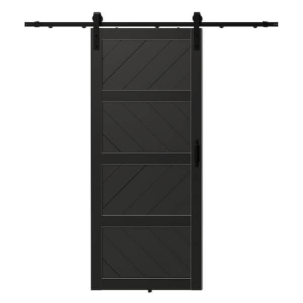 30in x 84in Black, MDF, 4 Panel Paneled Wood Wave, Water-Proof PVC Surface Sliding Barn Door with Hardware Kit