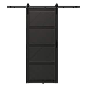 36 in. x 84 in. Black, MDF, 4 Panel Paneled Wood Wave Water-Proof PVC Surface Sliding Barn Door with Hardware Kit