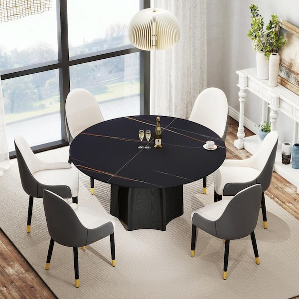 Magic Home 59 in. Black Round Sintered Stone Tabletop Black Pedestal Base Kitchen Dining Table (Seats-8)
