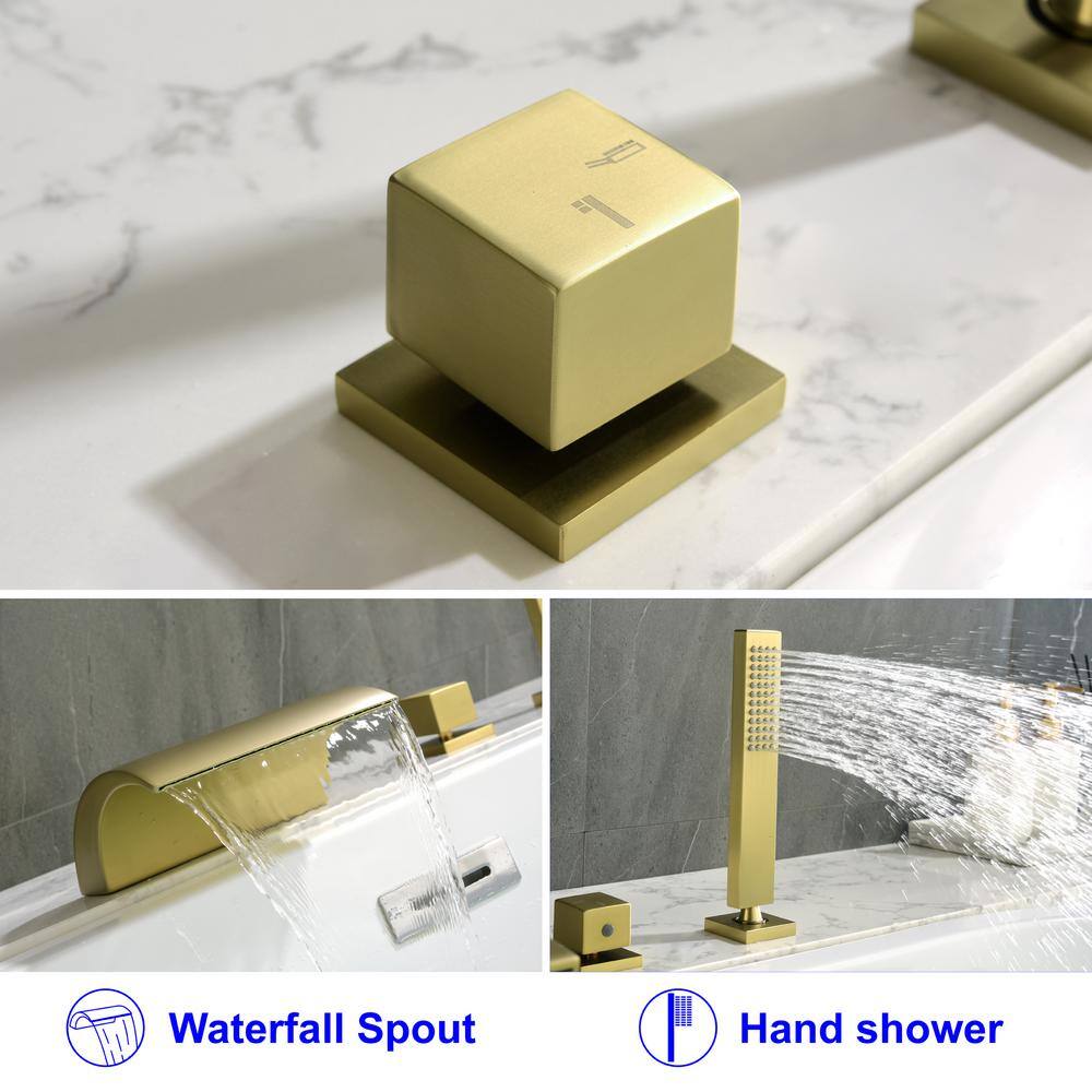 Brushed Gold Single Handle Waterfall Tub Faucet with Hand Shower