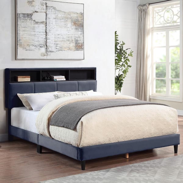 Lankley Gray Flannelette Wood Frame California King Platform Bed with USB port and Dropdown Shelf