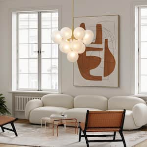 13-Light Brass and White Bubble;Island Circle;Cluster;Globe;Tiered Chandelier for Dining Room with Ribbed Glass