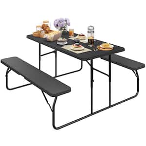 4.5 ft. Black Outdoor Picnic Table and Bench with Weather Resistant Resin Tabletop and Stable Steel Frame
