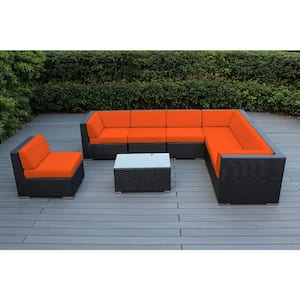 Ohana Black 8-Piece Wicker Patio Seating Set with Supercrylic Orange Cushions