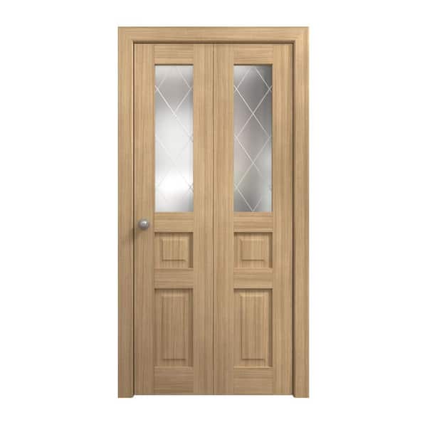 64 in. x 80 in. Frosted Glass Natural Oak Solid Wood Bi-Fold Doors with Hardware