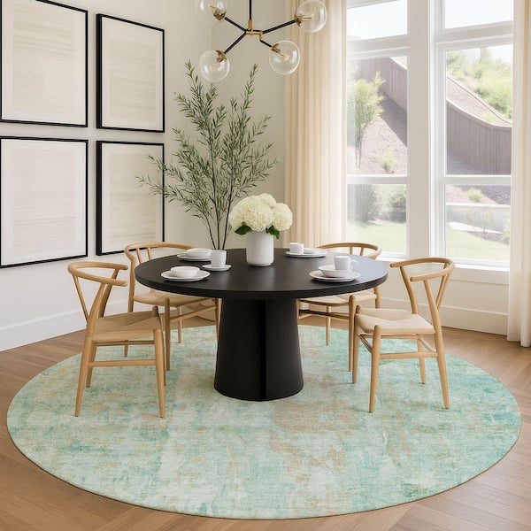 Chantille Machine Washable Indoor/Outdoor Abstract ACN2310 Turquoise 8 ft. x 8 ft. Round Rug