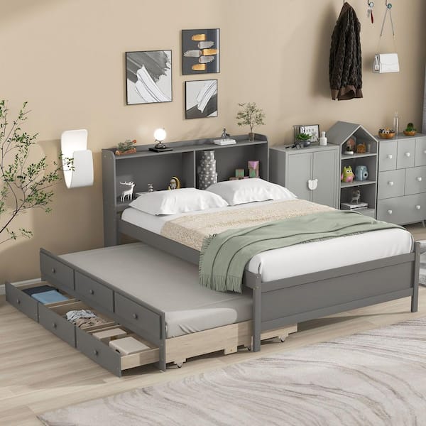 GODEER Gray Wood Frame Full Platform Bed with Bookcase Twin Trundle Drawers