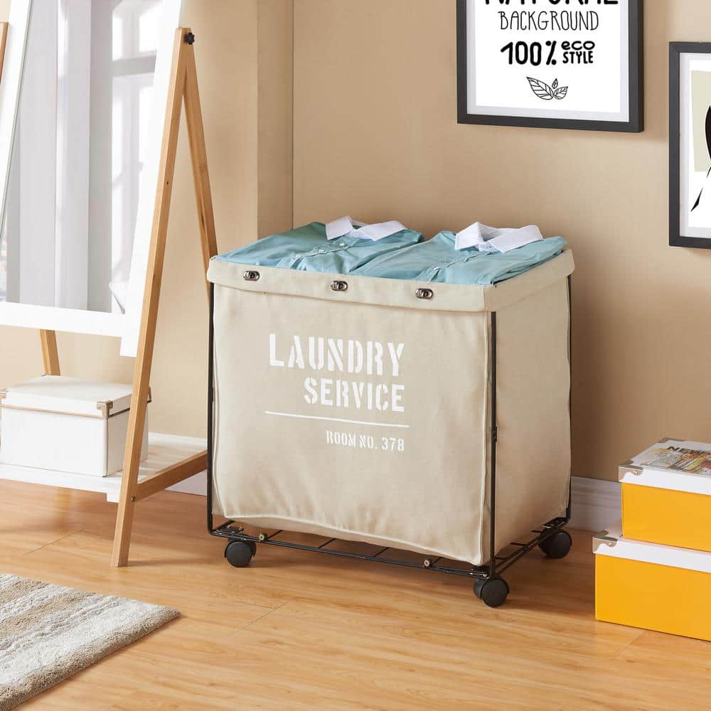 Beige Canvas Collapsible Laundry Hamper with Wheels and Iron Frame