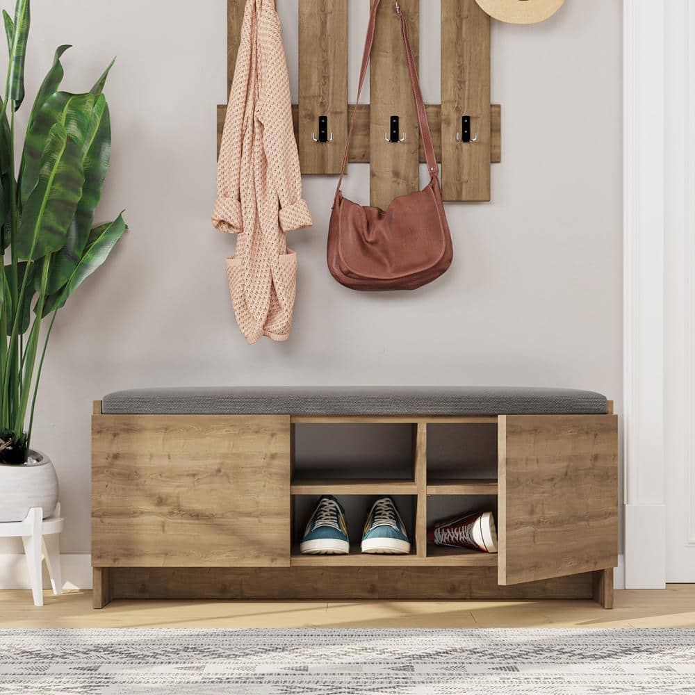 Rustic Walnut Shoe Storage Bench with Shelves and Cushion