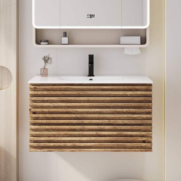 eclife 36 in. W x 18.3 in. D Single Sink Floating Oak Bath Vanity with White Integrated Advanced Composite Resin Top