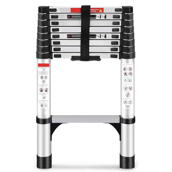 KIWDZFU 8.5FT Aluminum Telescoping Ladder with Stabilizers & Wheels, 330lbs Capacity