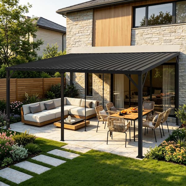 12 ft. x 16 ft. Outdoor Patio Pergola Gazebo, Wall-Mounted Lean to Metal Awning Gazebo with Sloped Roof