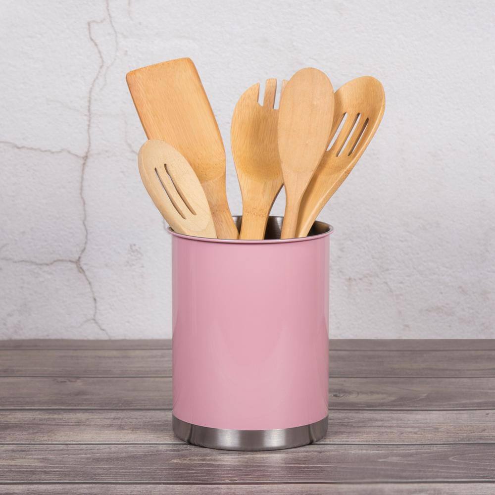 Pink Stainless Steel Cylinder Utensil Holder with Weighted Base