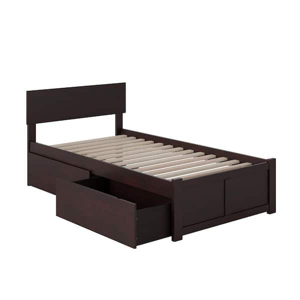 Orlando Espresso Twin Solid Wood Storage Platform Bed with Flat Panel Foot Board and 2 Bed Drawers