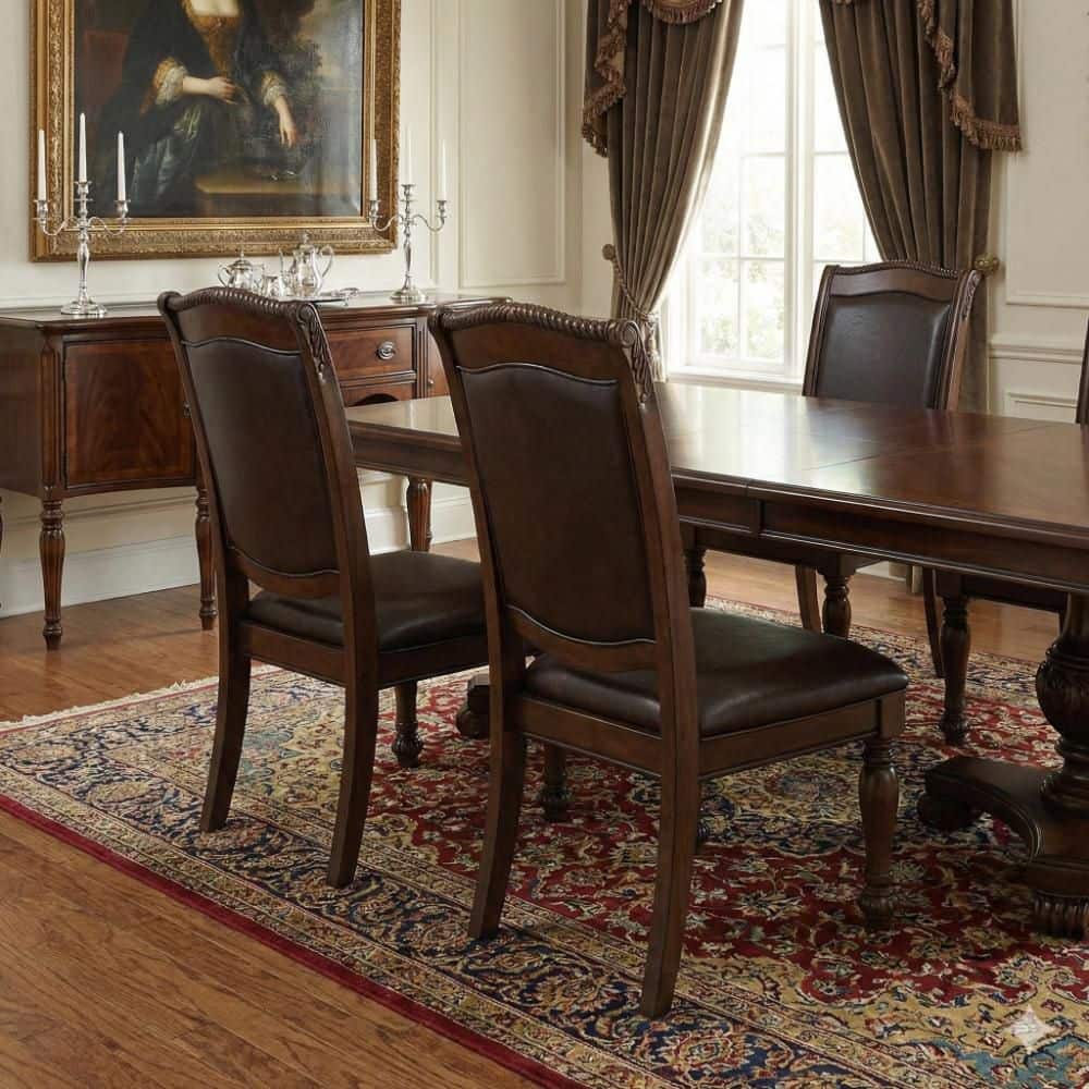 Benjara Brown Wooden and Leather Dining Side Chair (Set of 2