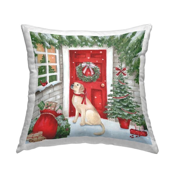 Dog On Doorstep Christmas Gifts Green Print Polyester 18in. X 18in. Throw Pillow
