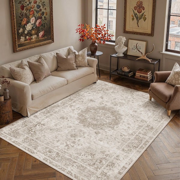 Twilight Gray 5 ft. x 7 ft. Vintage Washable Medallion Distressed Area Rug