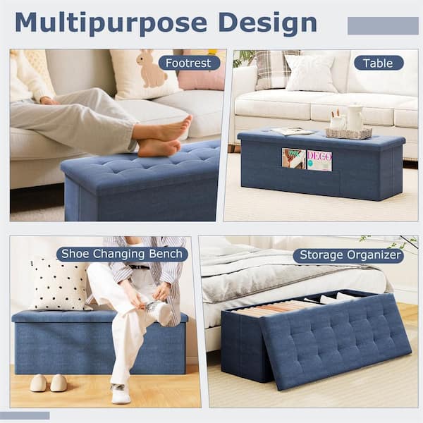 Navy Fabric Folding Storage Ottoman Storage Chest with Divider Bed End Bench